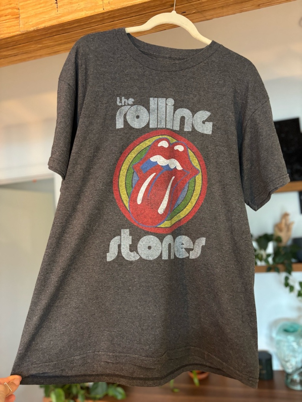Rolling Stones-Dark Gray Tee with Red, Green, Yellow & Blue Tongue Logo